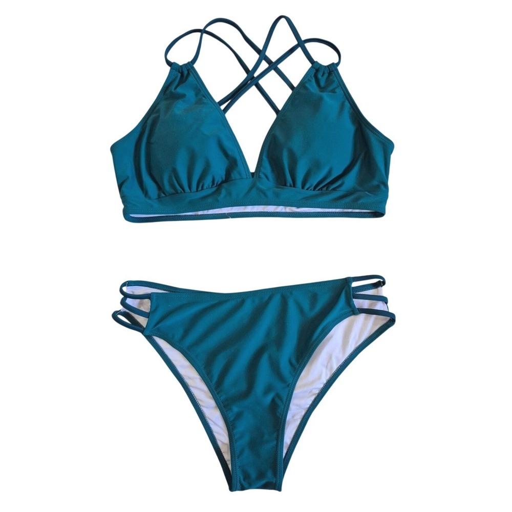 Zaful Teal Two Piece Bikini Set Triangle Top Cutout Bottoms Size Large